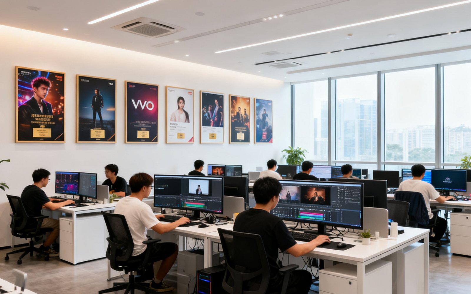 EVO视讯深圳总部开放式办公区全景，数十名创意策划师与后期剪辑师在双屏工作站前协作，墙面悬挂多幅获奖视讯作品海报，自然光透过落地窗洒入