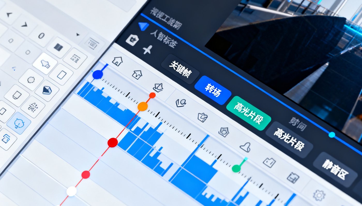 AI辅助视讯剪辑软件界面展示，时间线上自动生成的剪辑点标记和智能标签，体现人工智能对视讯后期流程的革新