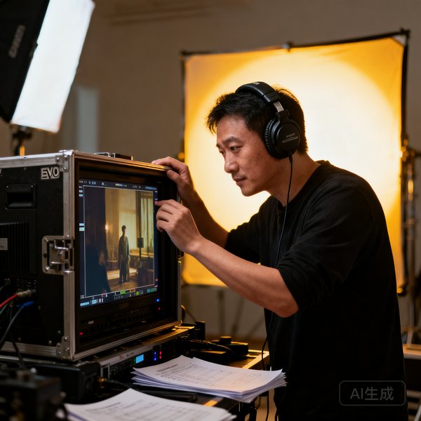 EVO视讯首席导演李明远在拍摄现场监视器前专注审阅画面，头戴监听耳机，背景为柔光布置的室内拍摄场景