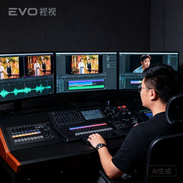 EVO视讯后期总监张晓在专业调色台前使用DaVinci Resolve进行影片色彩校正，三屏显示画面波形图与调色前后对比