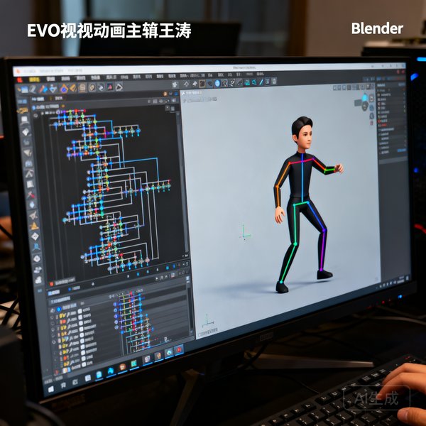 EVO视讯动画主管王涛在Blender中调整三维角色模型的骨骼绑定和权重绘制，屏幕显示复杂的节点编辑器和实时渲染预览窗口